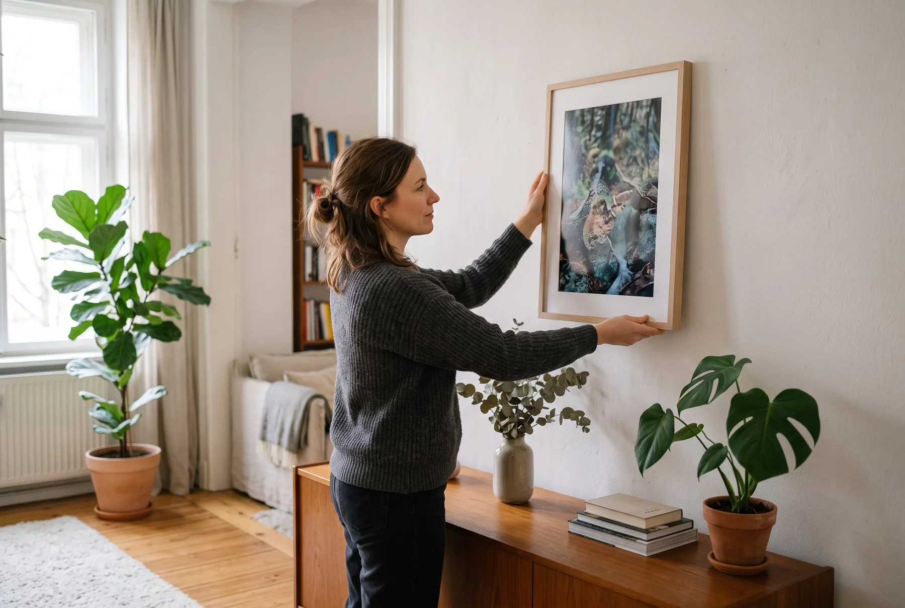 Eine Frau prüft die Position eines Holzrahmens an einer hellen Wohnungswand.
