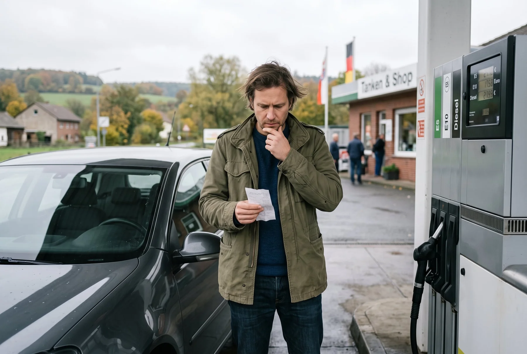 Ein Autofahrer prüft einen Beleg neben seinem Fahrzeug an einer Tankstelle.